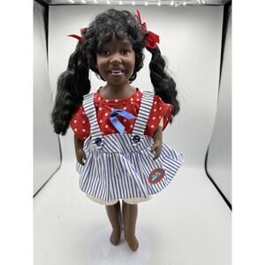 Vintage African American Porcelain Doll 18” Smiling Face Pigtails Cloth Body